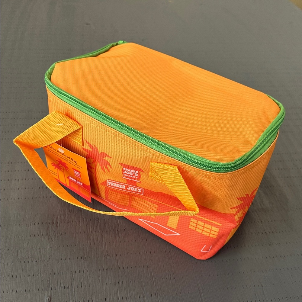 Trader Joe’s mini insulated bag in orange crush orange and lime green